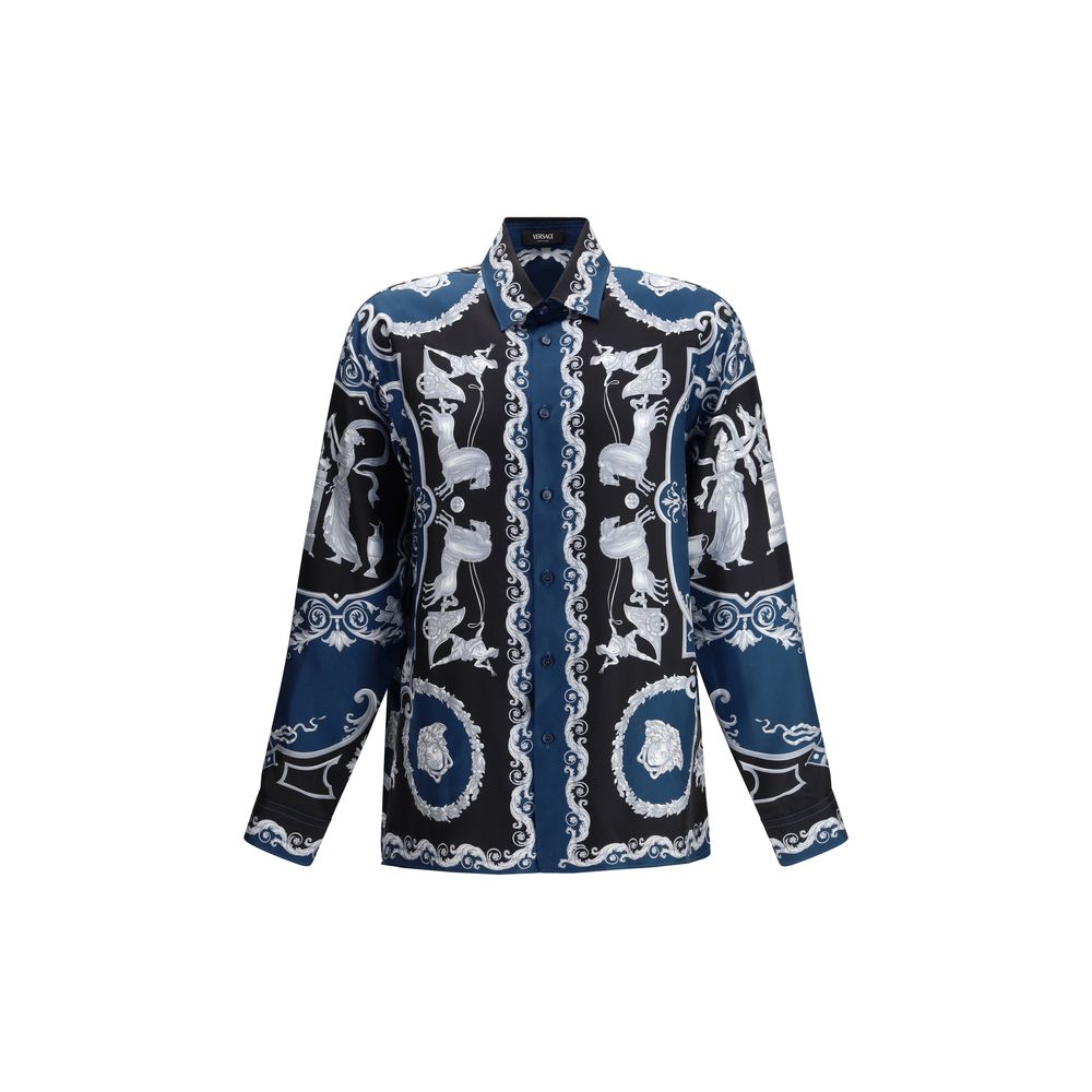 Chemise en soie bleue à motif de Versace, élégante et sophistiquée, avec le logo emblématique de la marque.