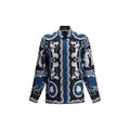 Chemise en soie bleue à motif de Versace, élégante et sophistiquée, avec le logo emblématique de la marque.