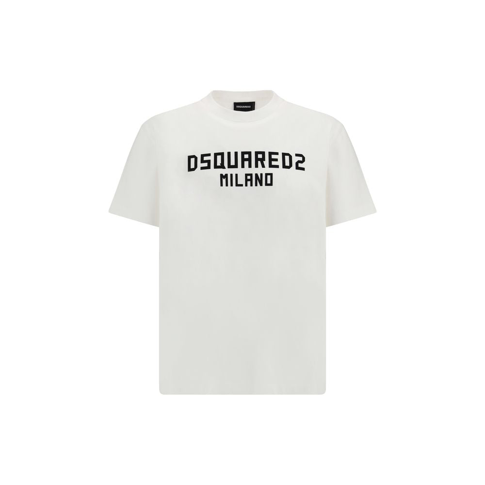 T-shirt en coton blanc de Dsquared², style décontracté avec logo discret, porté par un mannequin.