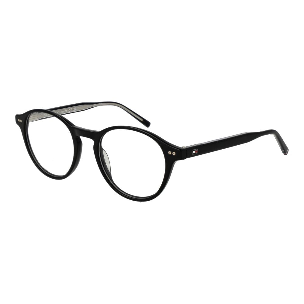 Lunettes en acétate noires Tommy Hilfiger avec monture rectangulaire et détails de marque visibles.