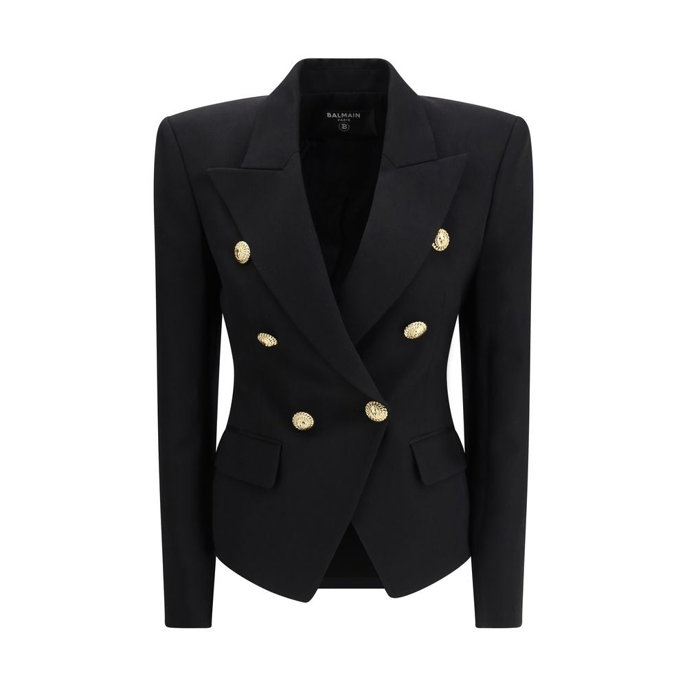 Veste blazer noire en laine Balmain Oves Aries, coupe élégante avec détails sophistiqués, vue de face.
