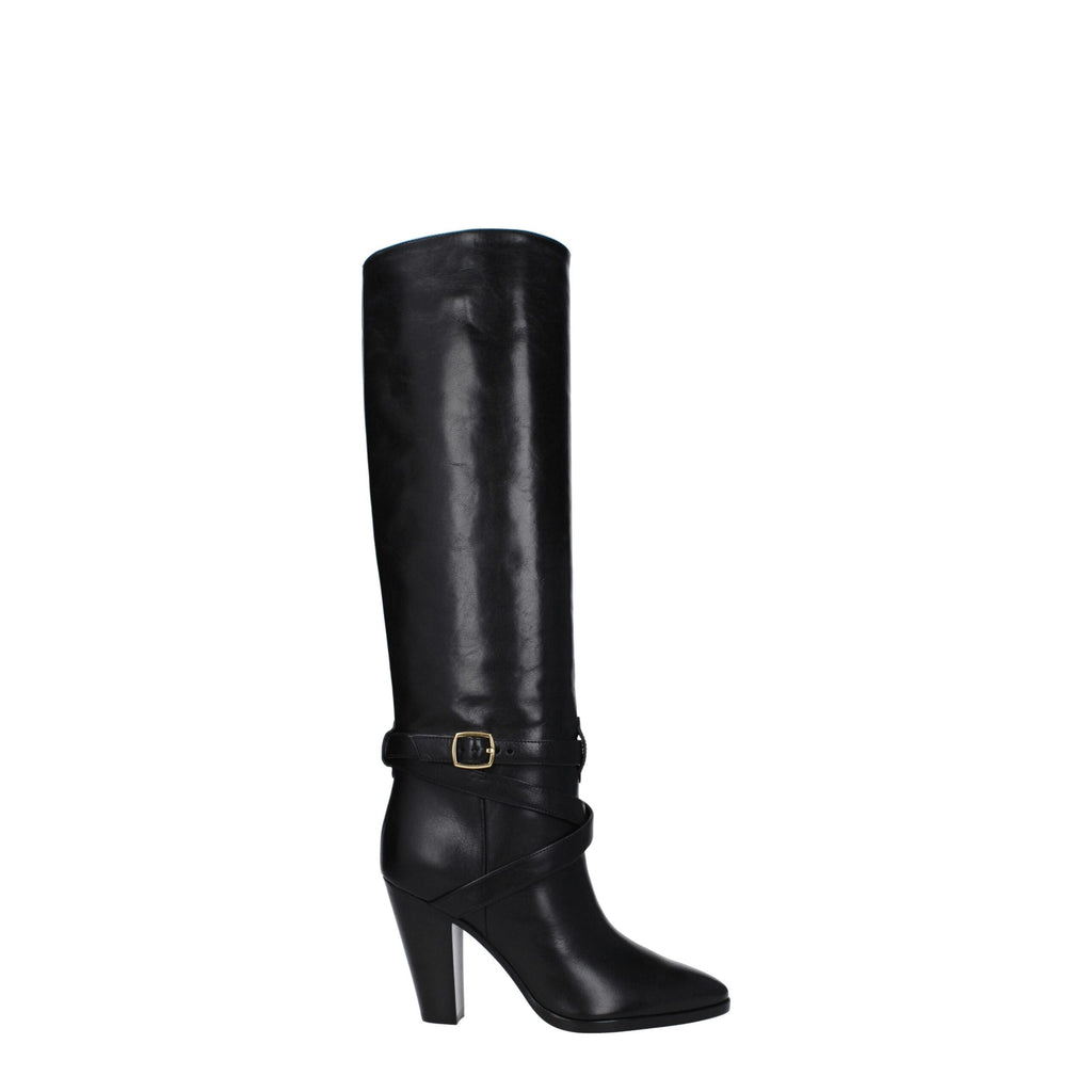 Bottes à talons hauts en cuir noir de Celine, élégantes et sophistiquées, avec semelle fine et finition lisse.