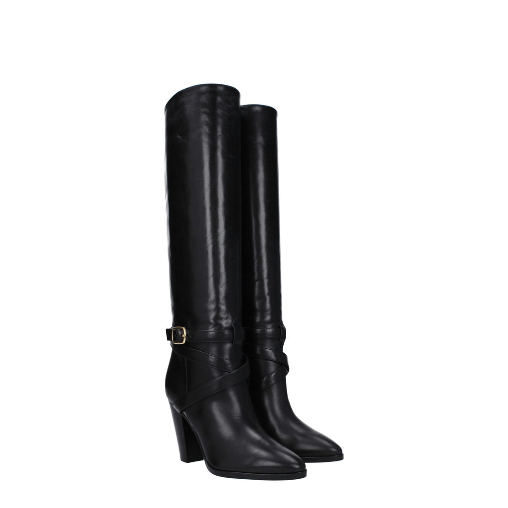 Bottes à talons hauts en cuir noir de Celine, élégantes et sophistiquées, avec détails en cuir lisse et semelle en cuir.