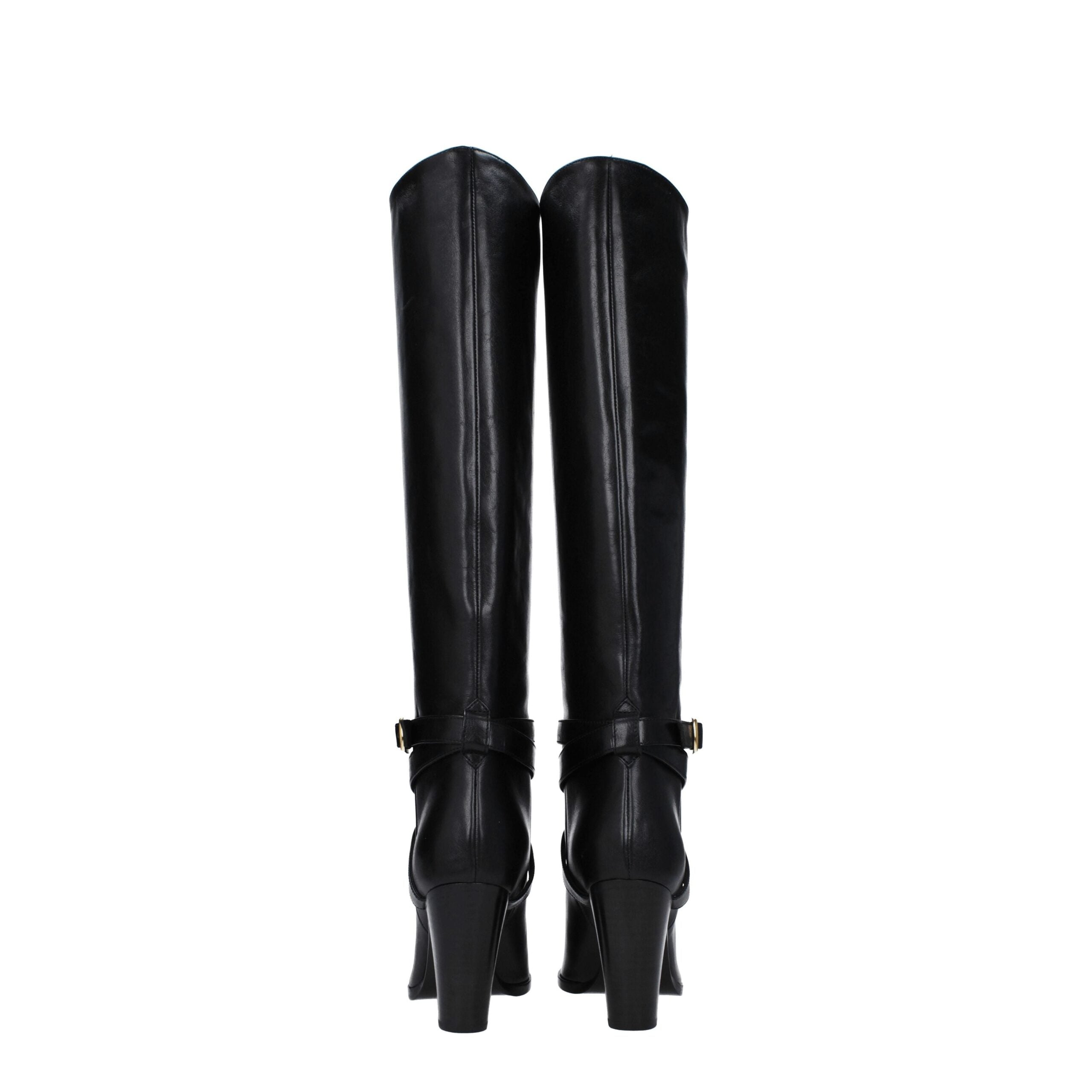 Bottes à talons hauts en cuir noir de Celine, élégantes et sophistiquées, avec finition lisse et design moderne.