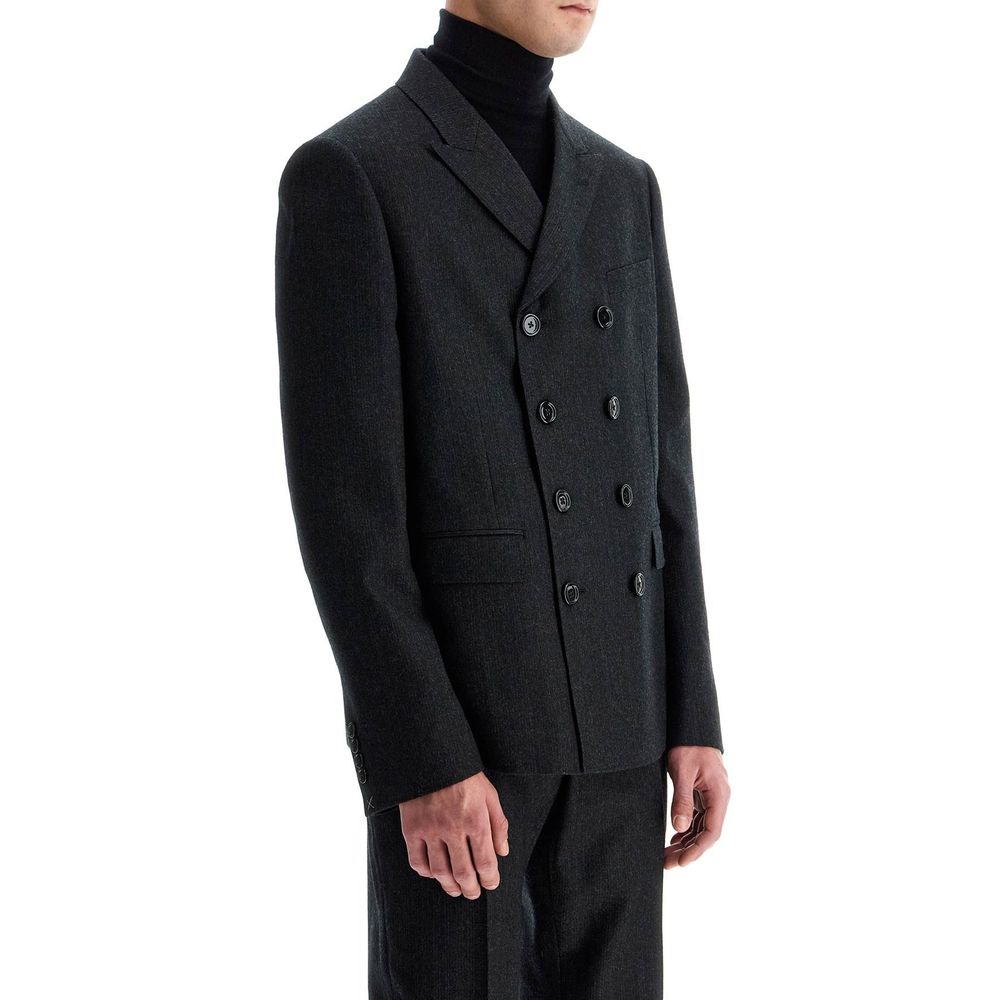 Veste blazer en laine grise de Celine, coupe élégante avec col et boutons, portée sur un mannequin.