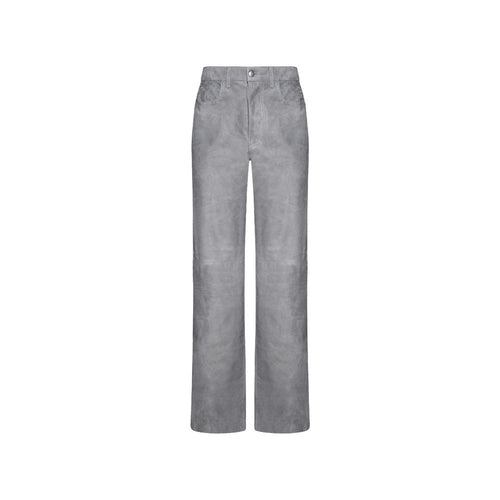 Pantalons en cuir gris de la marque Amiri, coupe ajustée, avec détails de finition, visibles dans l'image.