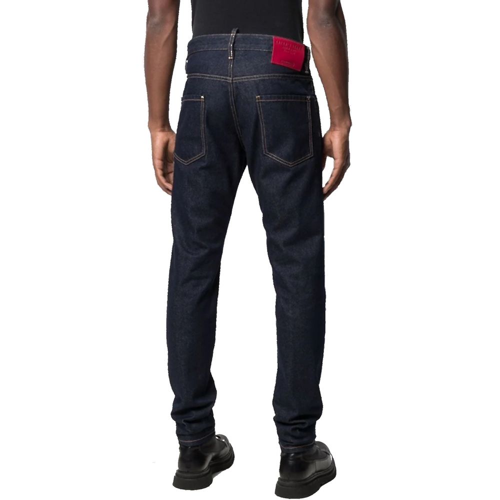 Jeans droits en coton bleu Dsquared², vue de face, avec poches et ceinture, pour un style décontracté et moderne.