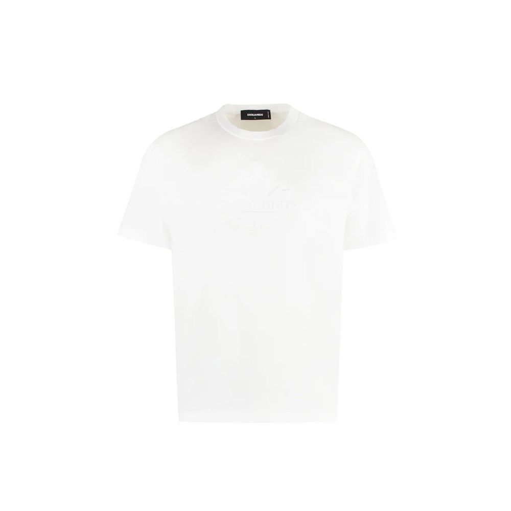 T-shirt blanc en coton de la marque Dsquared², coupe classique, avec logo discret à l'avant, porté par un mannequin.
