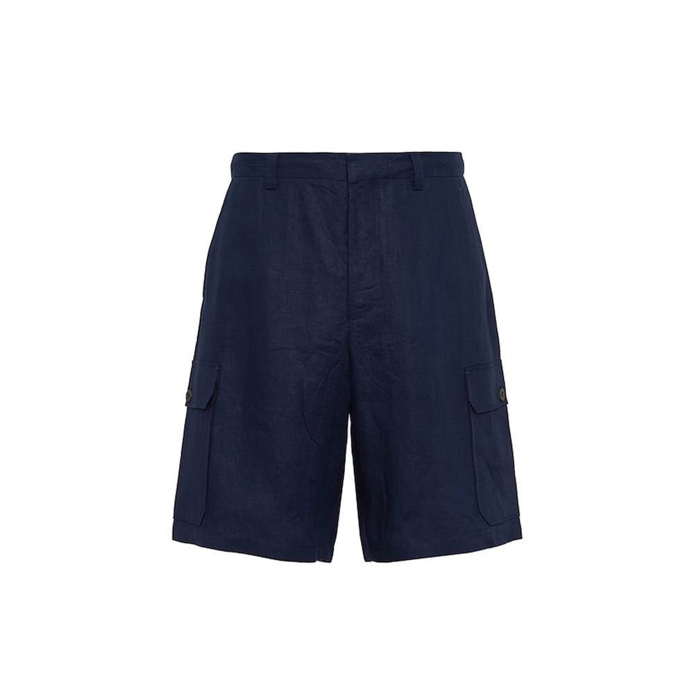 Shorts bermuda en lin bleu Prada, style décontracté, avec ceinture et poches, parfait pour un look estival élégant.