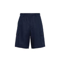 Shorts bermuda en lin bleu Prada, style décontracté, avec ceinture et poches, parfait pour un look estival élégant.
