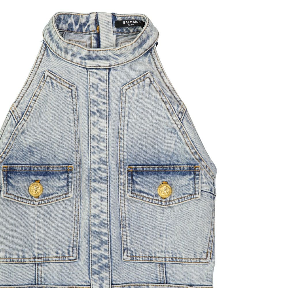 Robe décontractée en coton bleu Balmain, style casual avec coupe fluide et détails modernes, vue de face.