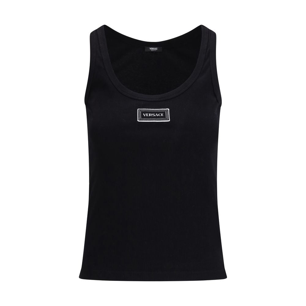 Débardeur en coton noir de la marque Versace, élégant et confortable, visible avec le logo emblématique en haut.