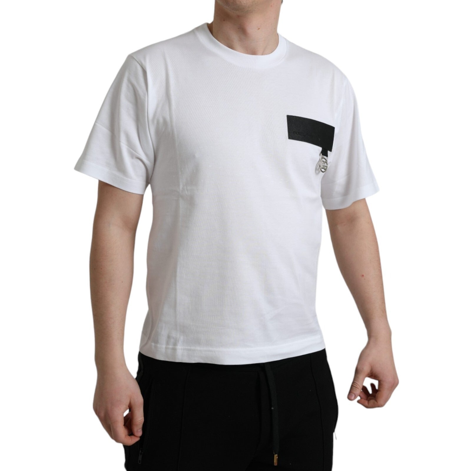 T-shirt blanc en coton Dolce & Gabbana avec logo brodé, col rond et patch de logo sur la poitrine.