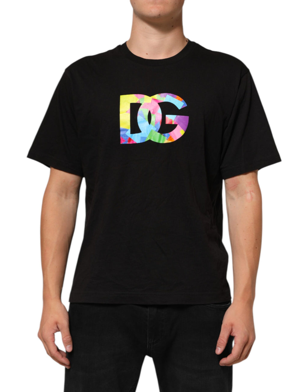 T-shirt homme noir Dolce & Gabbana en coton avec logo imprimé, col rond, style décontracté.