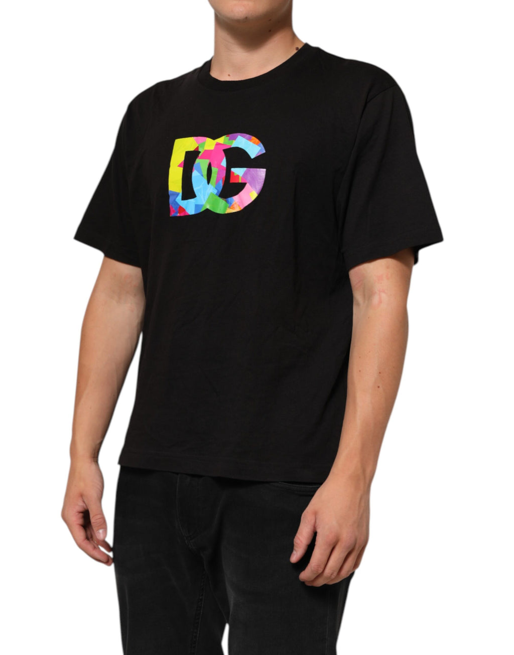 T-shirt coton noir Dolce & Gabbana avec logo imprimé, col rond, style décontracté et design élégant visible sur l'image.