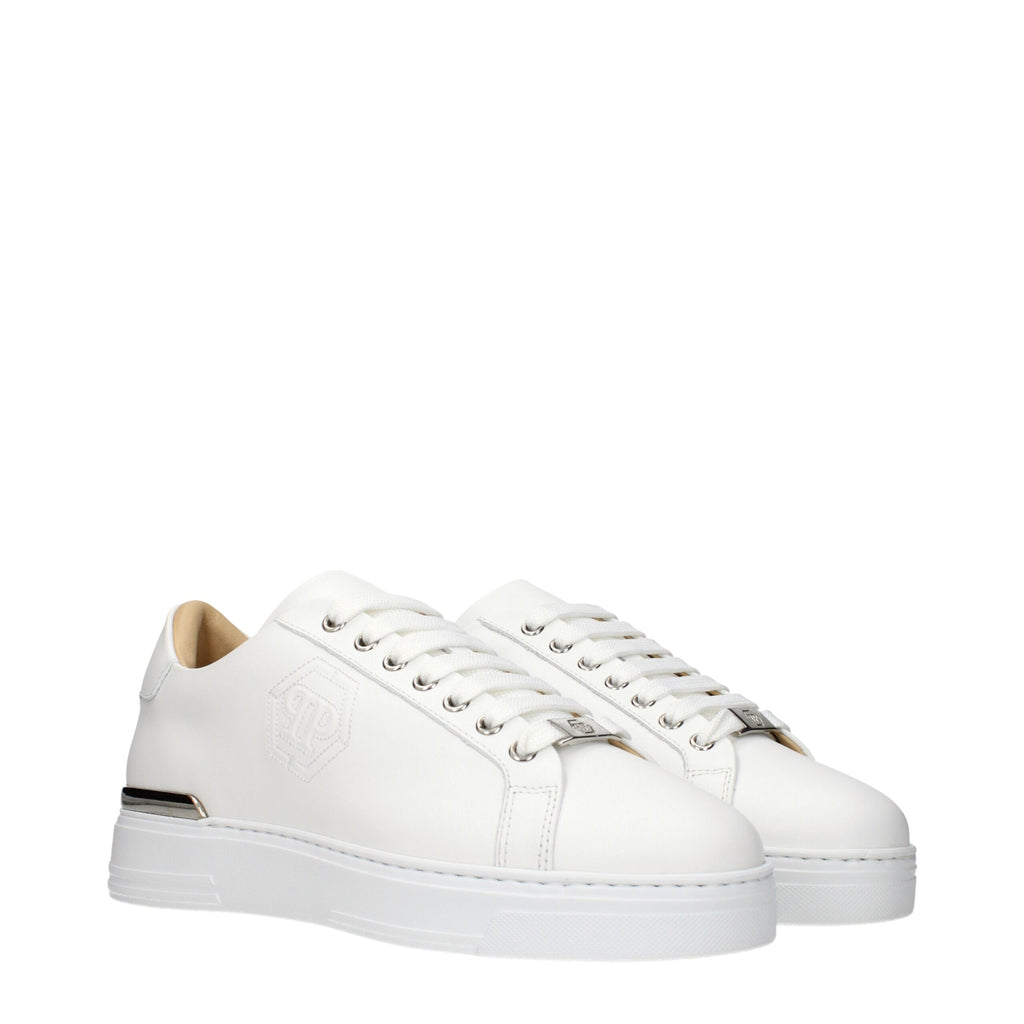 Basket en cuir blanc Philipp Plein, baskets basses pour homme, détails en cuir et semelle en caoutchouc.