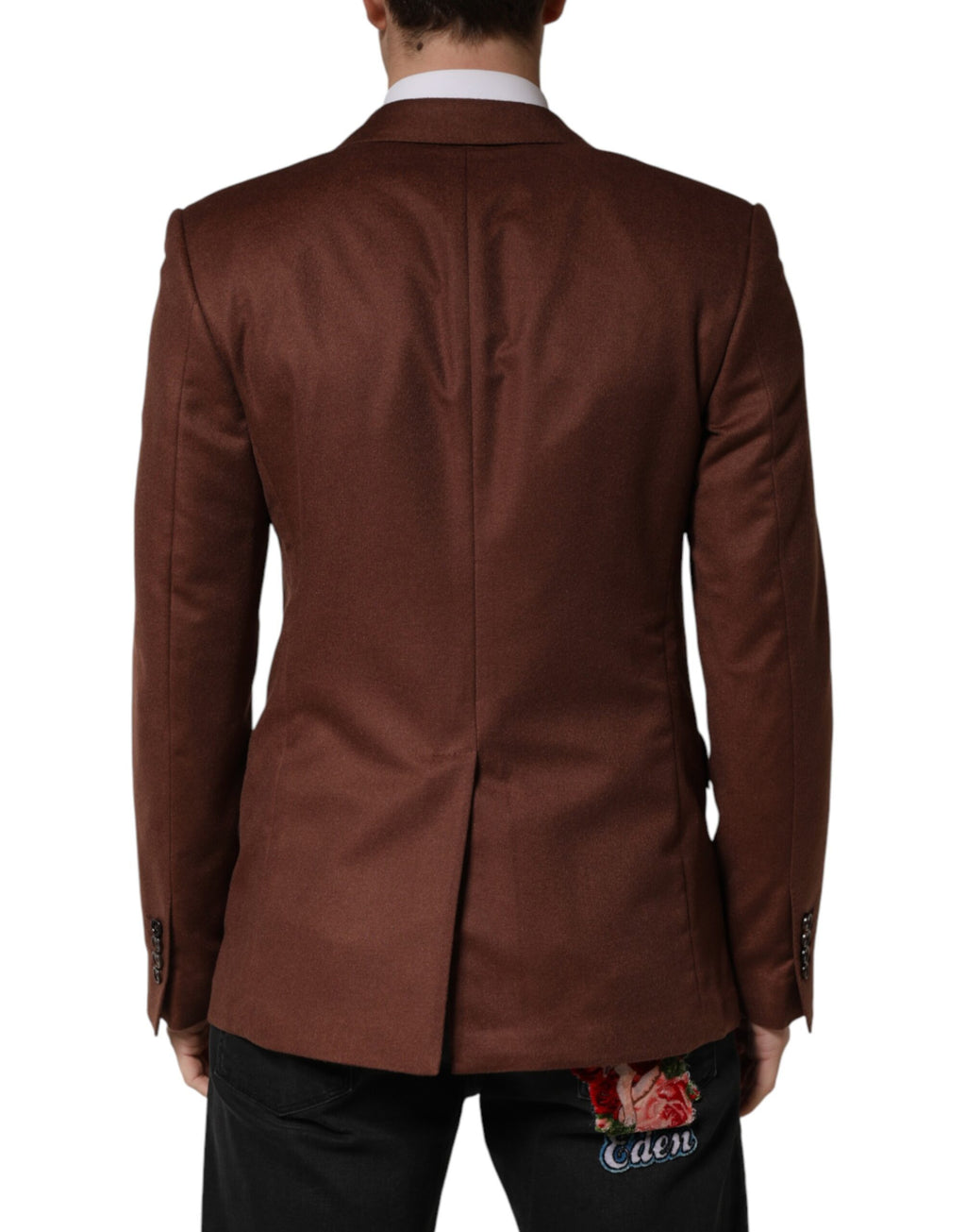 Veste blazer en cachemire marron Dolce & Gabbana, à simple boutonnage avec col classique et poches latérales élégantes.