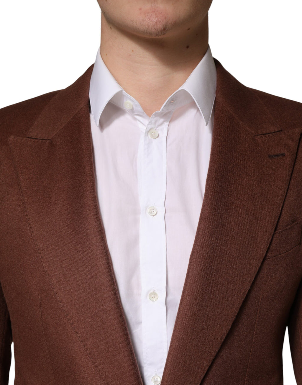 Veste blazer en cachemire marron Dolce & Gabbana avec coupe simple boutonnage, vue de face sur fond neutre.