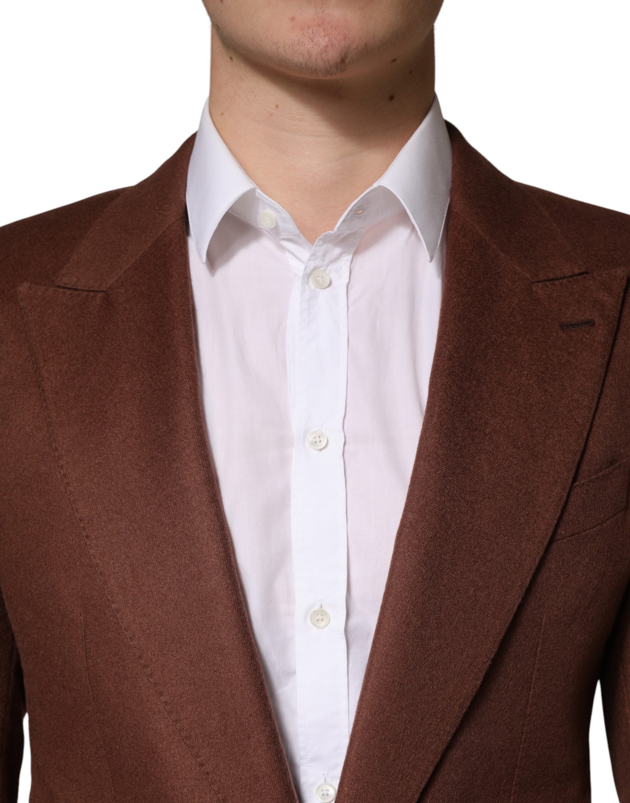 Veste blazer en cachemire marron Dolce & Gabbana avec coupe simple boutonnage, vue de face sur fond neutre.