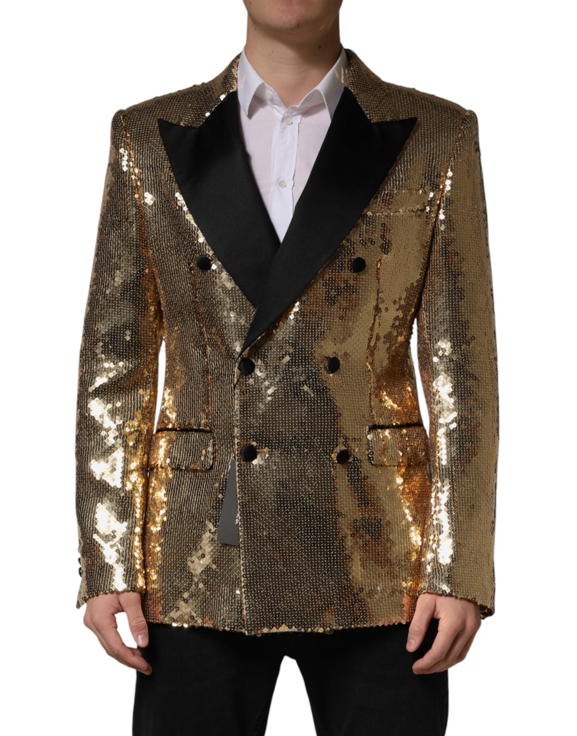 Veste blazer en sequins dorés double boutonnage Dolce & Gabbana, élégante et brillante, vue de face.