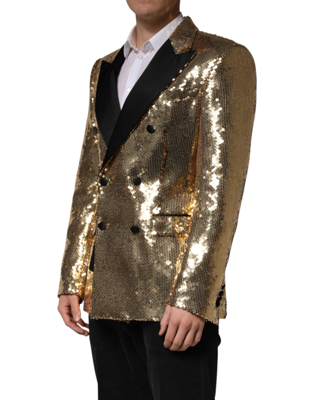 Veste blazer à double boutonnage en sequins dorés Dolce & Gabbana, élégante et brillante, pour un style sophistiqué.