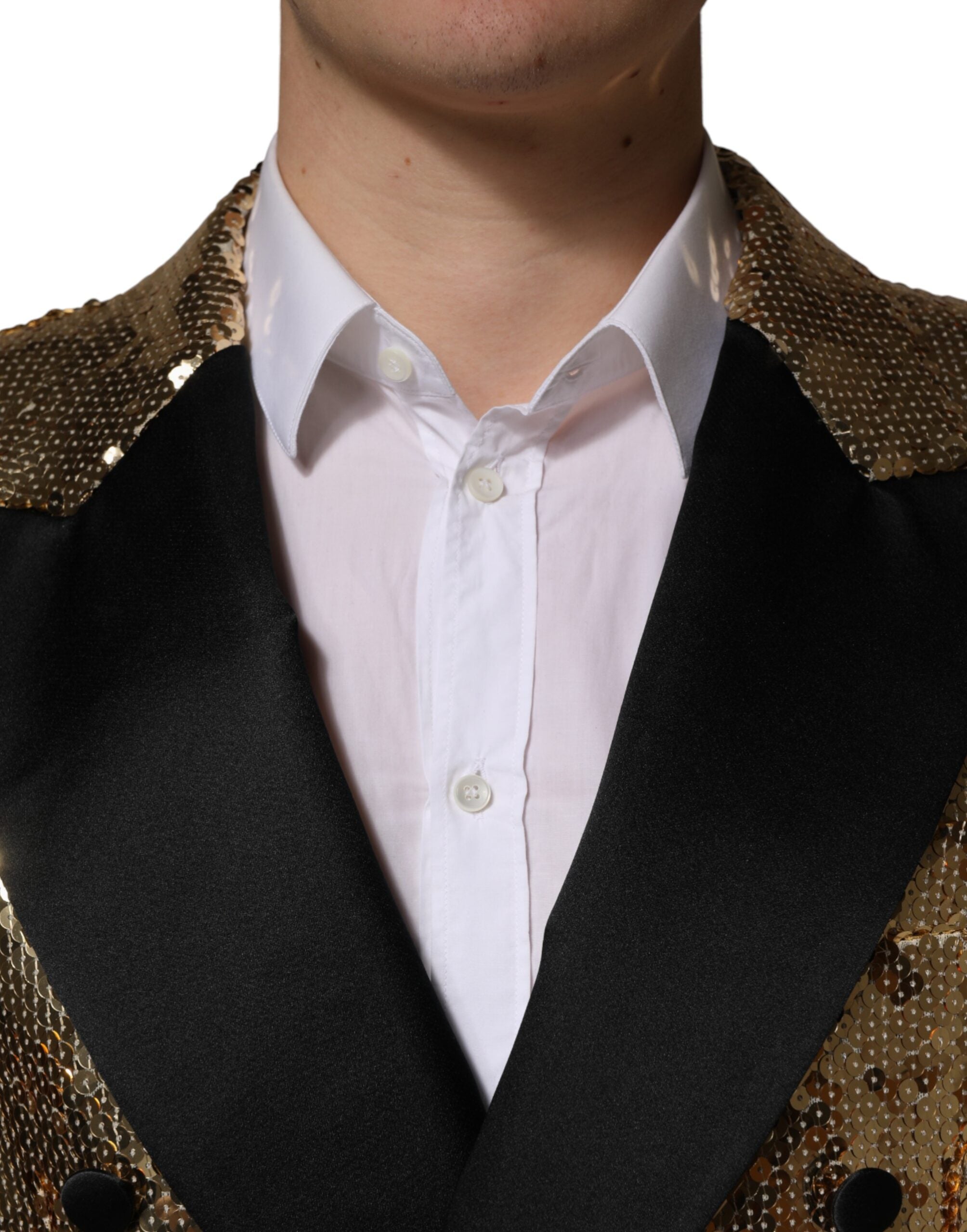 Veste blazer Dolce & Gabbana en sequins dorés, à double boutonnage, élégante et brillante, pour un style sophistiqué.