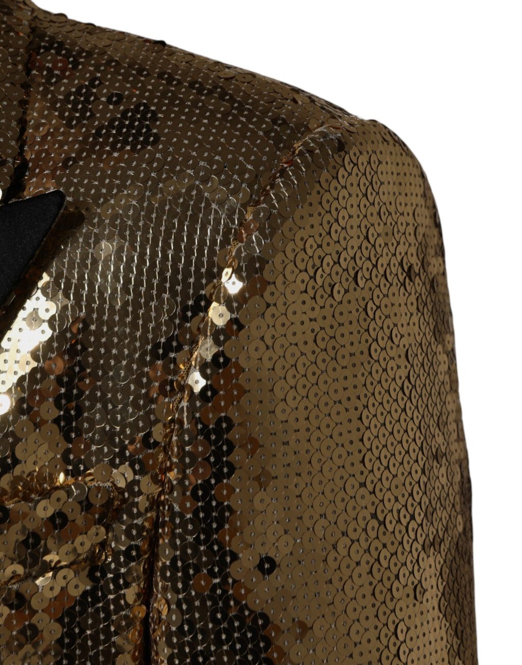 Blazer double boutonnage en sequins dorés Dolce & Gabbana, veste élégante en soie avec détails brillants et coupe ajustée.