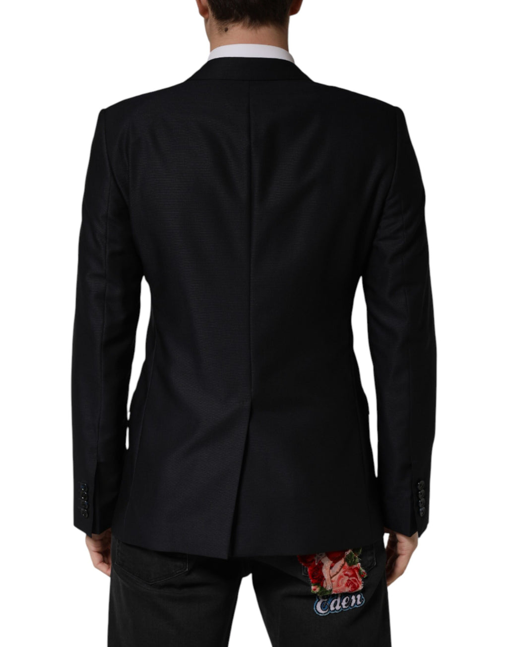 Veste blazer noire Dolce & Gabbana MARTINI à un bouton, coupe ajustée, tissu élégant, vue de face sur un fond neutre.