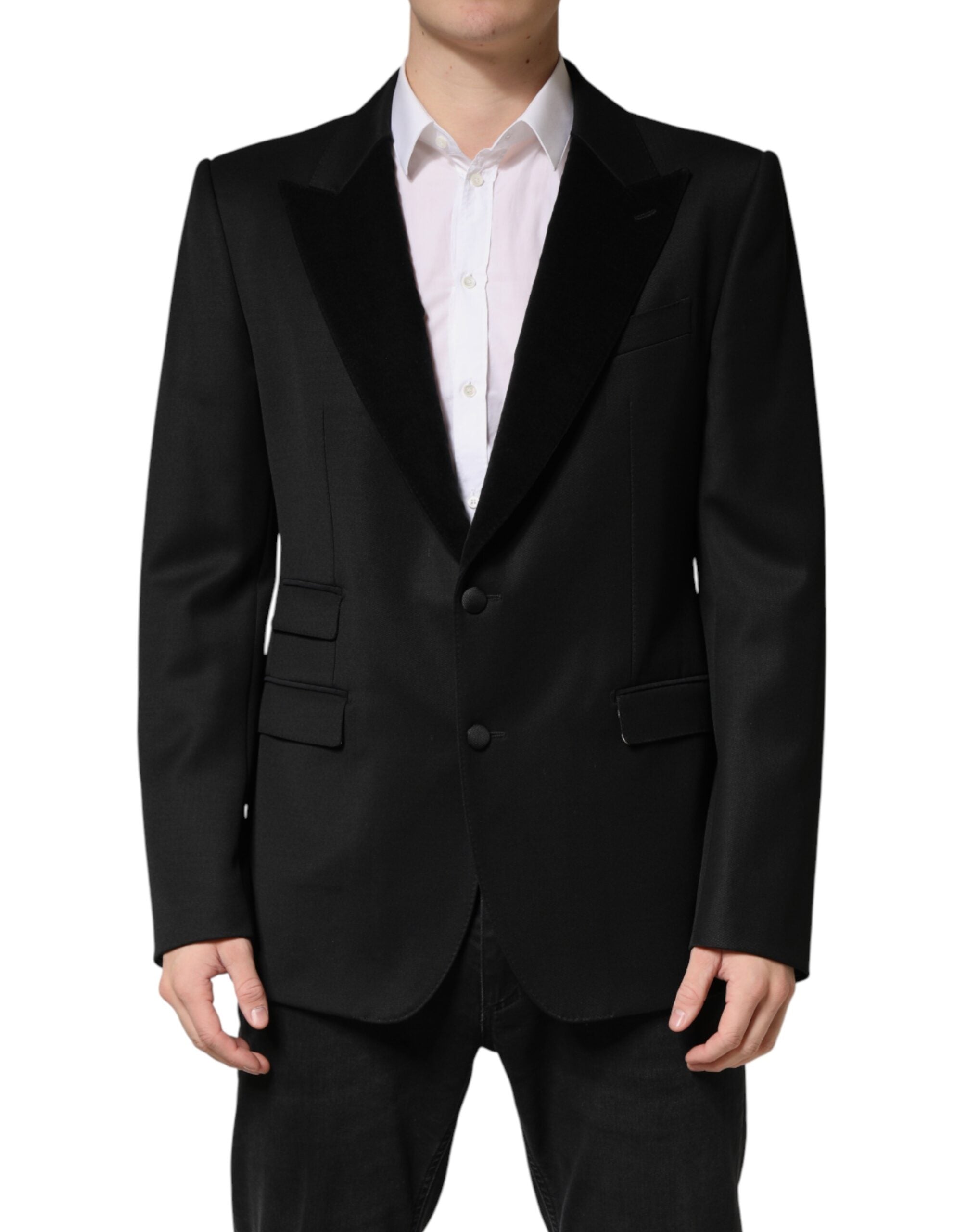 Veste blazer noire en laine à un bouton de Dolce & Gabbana, style classique et élégant, vue de face.