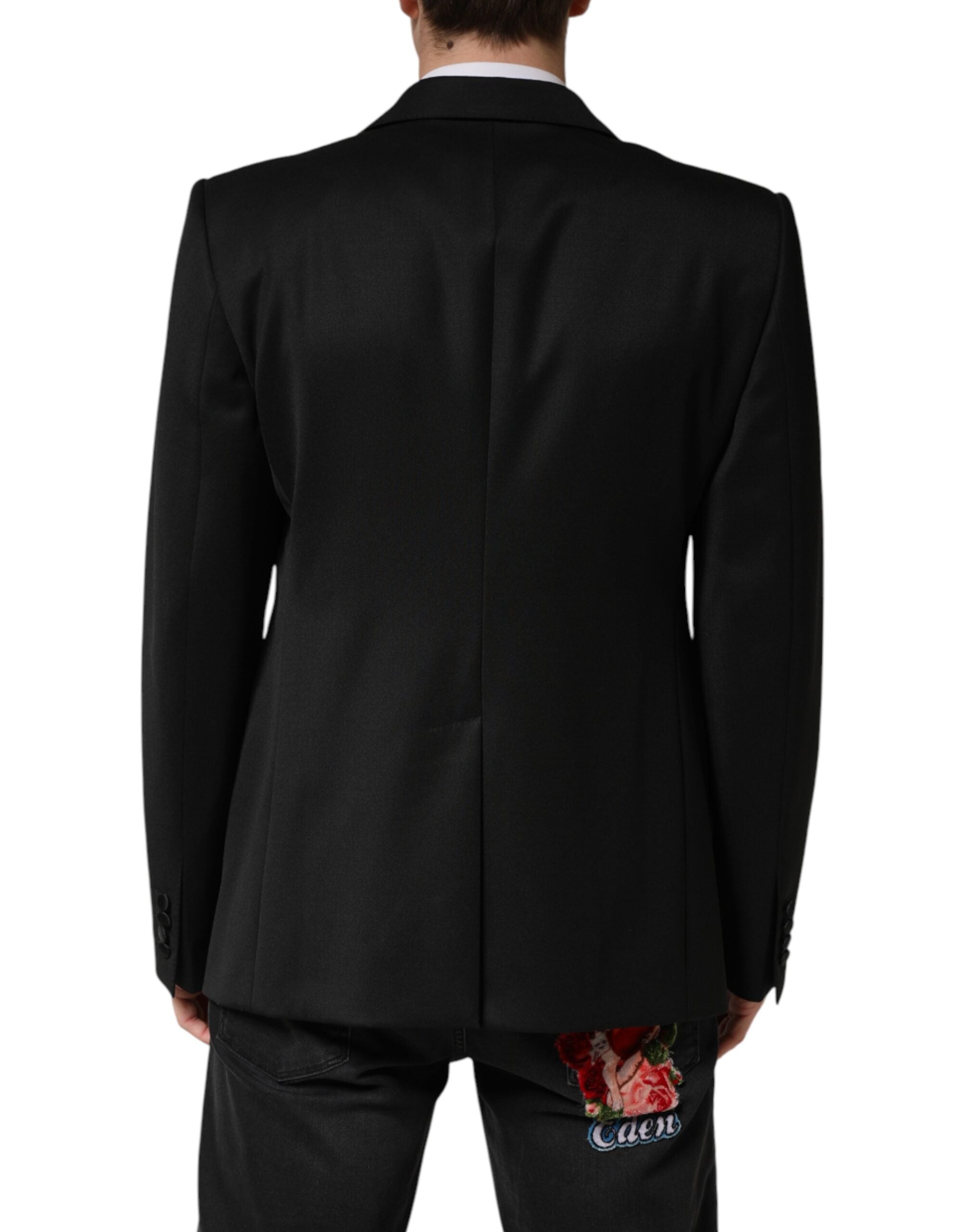 Veste blazer noire en laine à un bouton de Dolce & Gabbana, coupe classique et élégante, vue de face sur un mannequin.