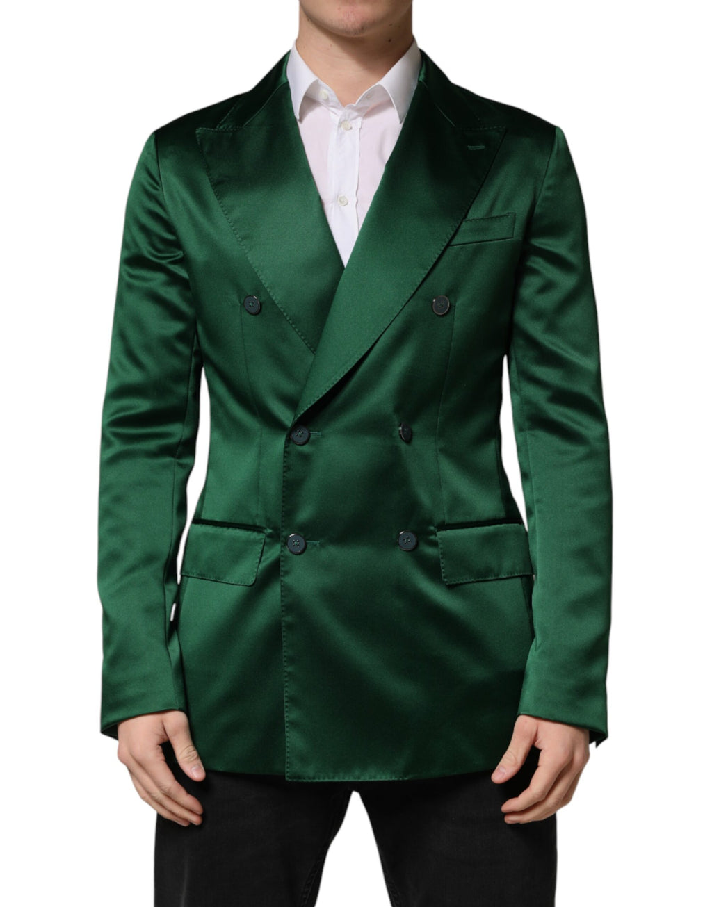 Veste blazer en satin vert de Dolce & Gabbana, double boutonnage, style élégant et sophistiqué.