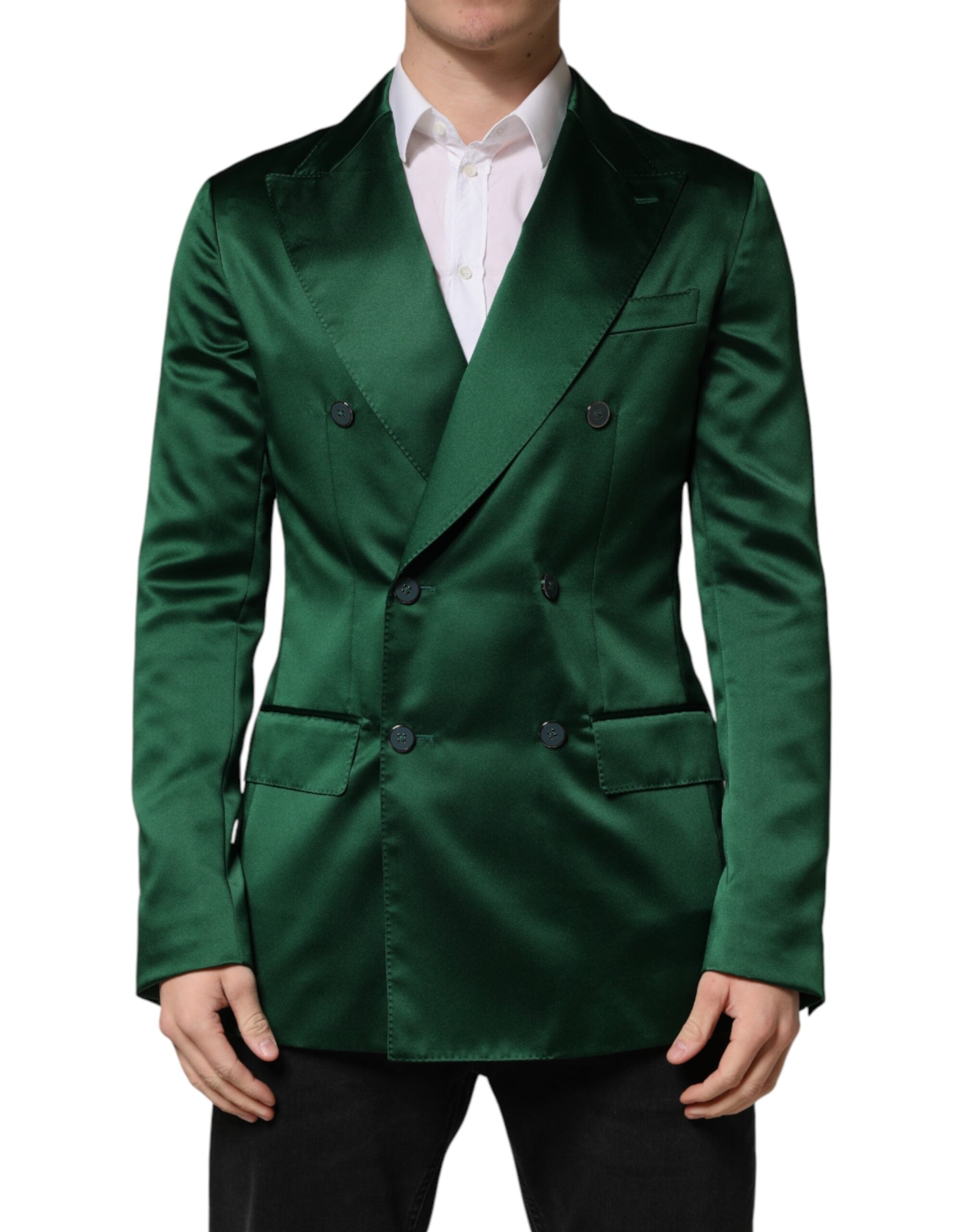 Veste blazer en satin vert de Dolce & Gabbana, double boutonnage, style élégant et sophistiqué.