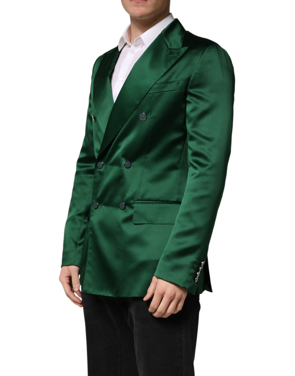 Veste blazer en satin vert Dolce & Gabbana à double boutonnage, élégante et sophistiquée, vue de face.
