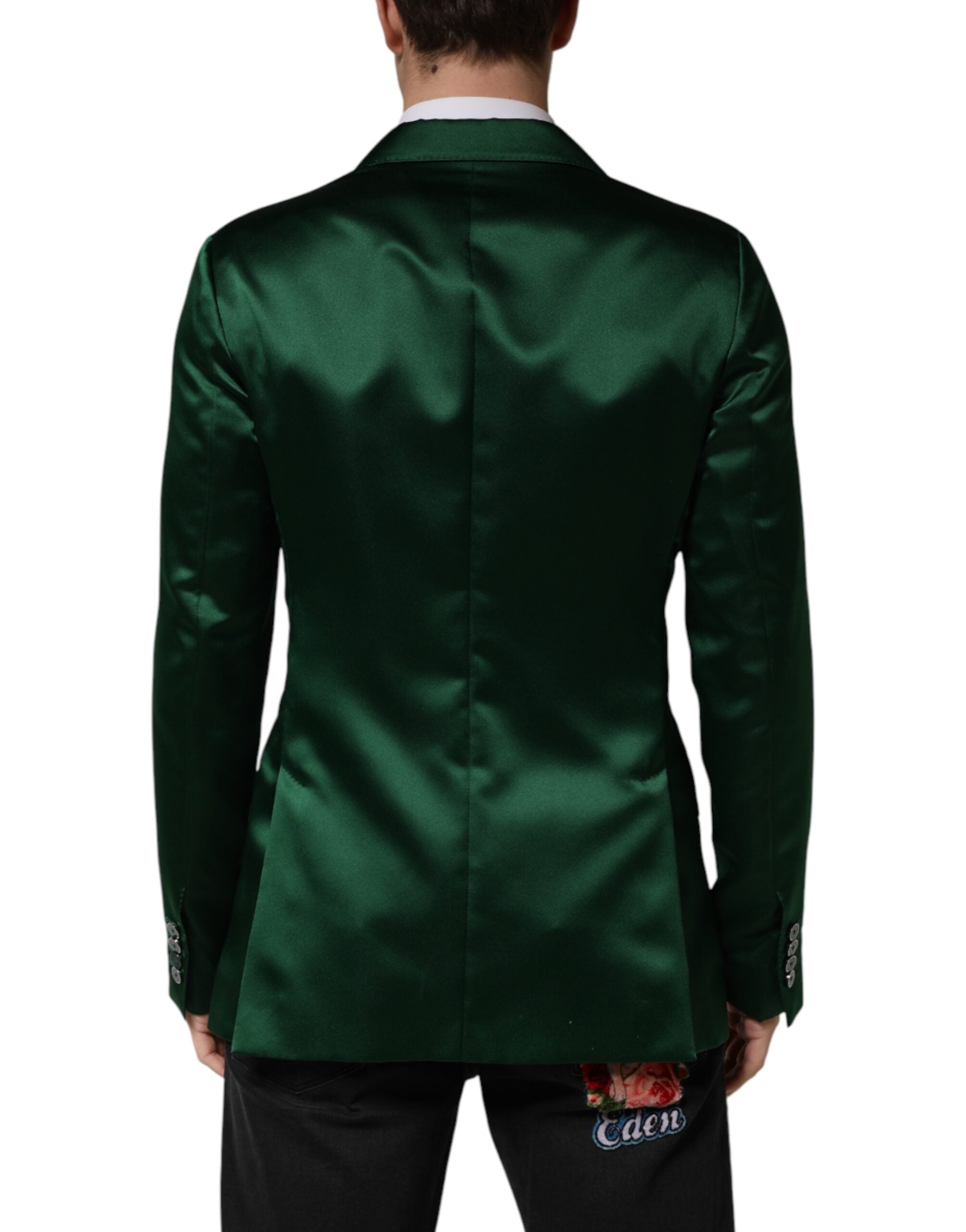 Veste blazer en satin vert Dolce & Gabbana à double boutonnage, élégante et sophistiquée, vue de face sur un fond neutre.