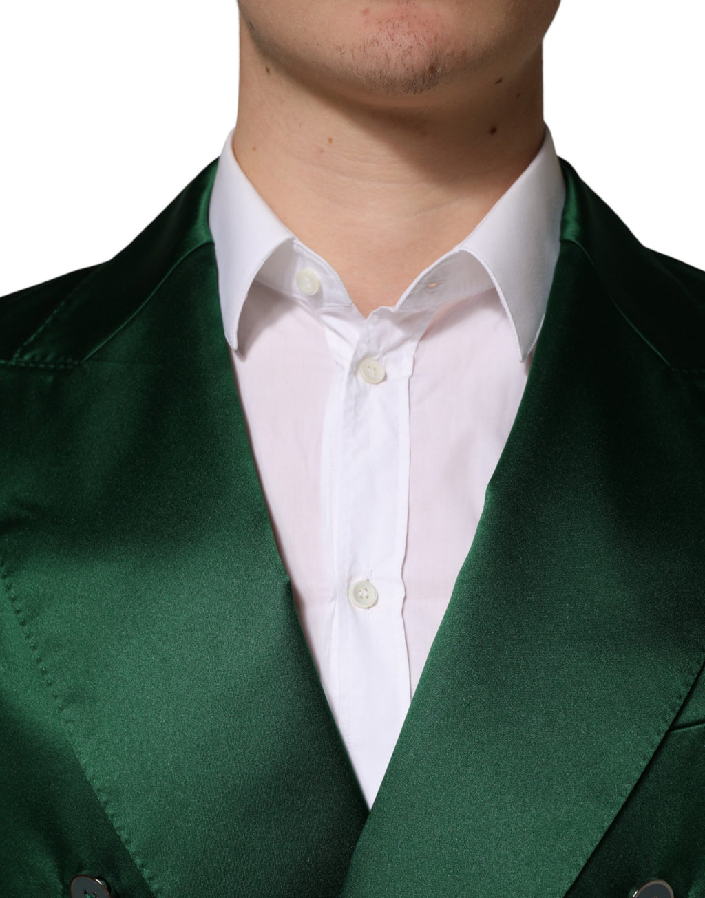 Veste blazer en satin vert double boutonnage de Dolce & Gabbana, style élégant et sophistiqué pour femme.