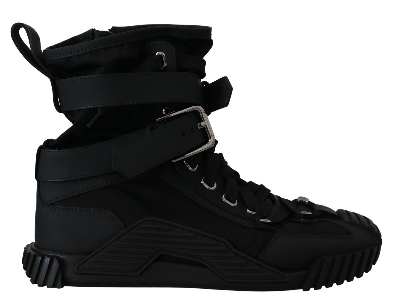 Chaussures sneaker hautes Dolce & Gabbana Sorrento en nylon noir, vue de face avec détails de la marque et de la semelle.