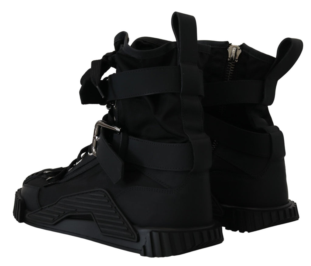 Chaussures sneakers haut de gamme Dolce & Gabbana Sorrento en nylon noir, baskets montantes élégantes pour homme.
