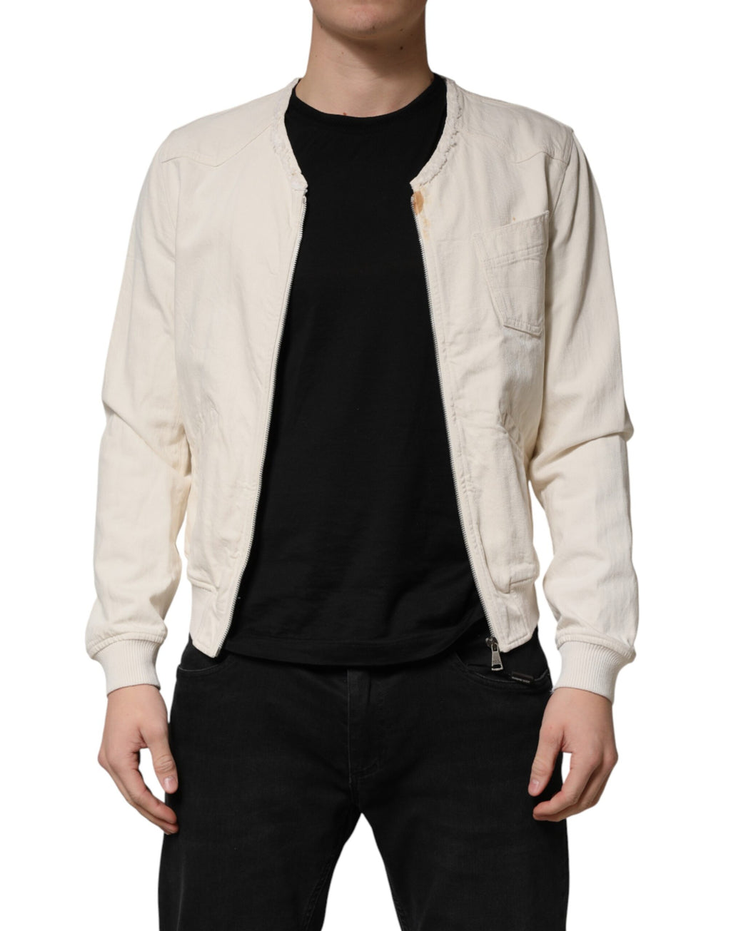 Veste blouson en denim blanc coton Dolce & Gabbana pour homme, zip complet, style décontracté et moderne.