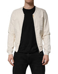 Veste homme Dolce & Gabbana en denim blanc en coton avec fermeture éclair complète, style blouson décontracté.