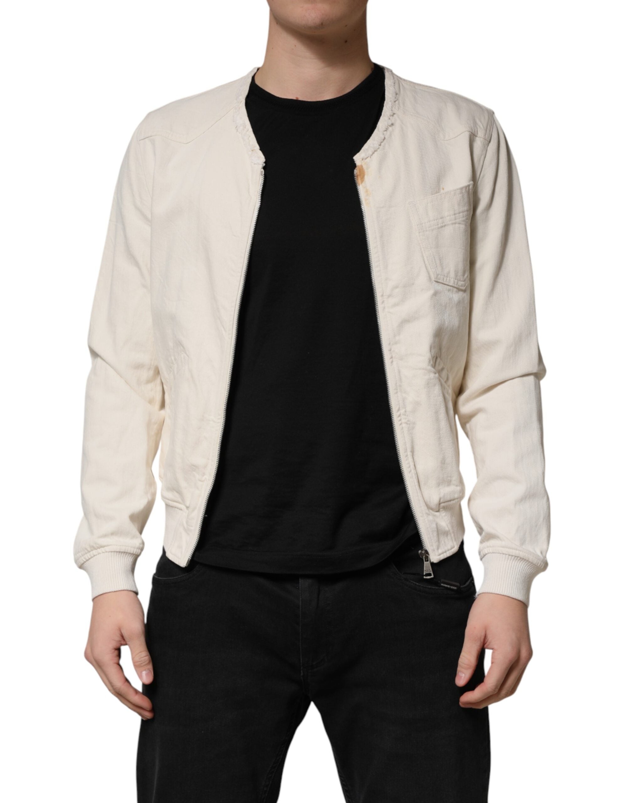 Veste homme Dolce & Gabbana en denim blanc en coton avec fermeture éclair complète, style blouson décontracté.