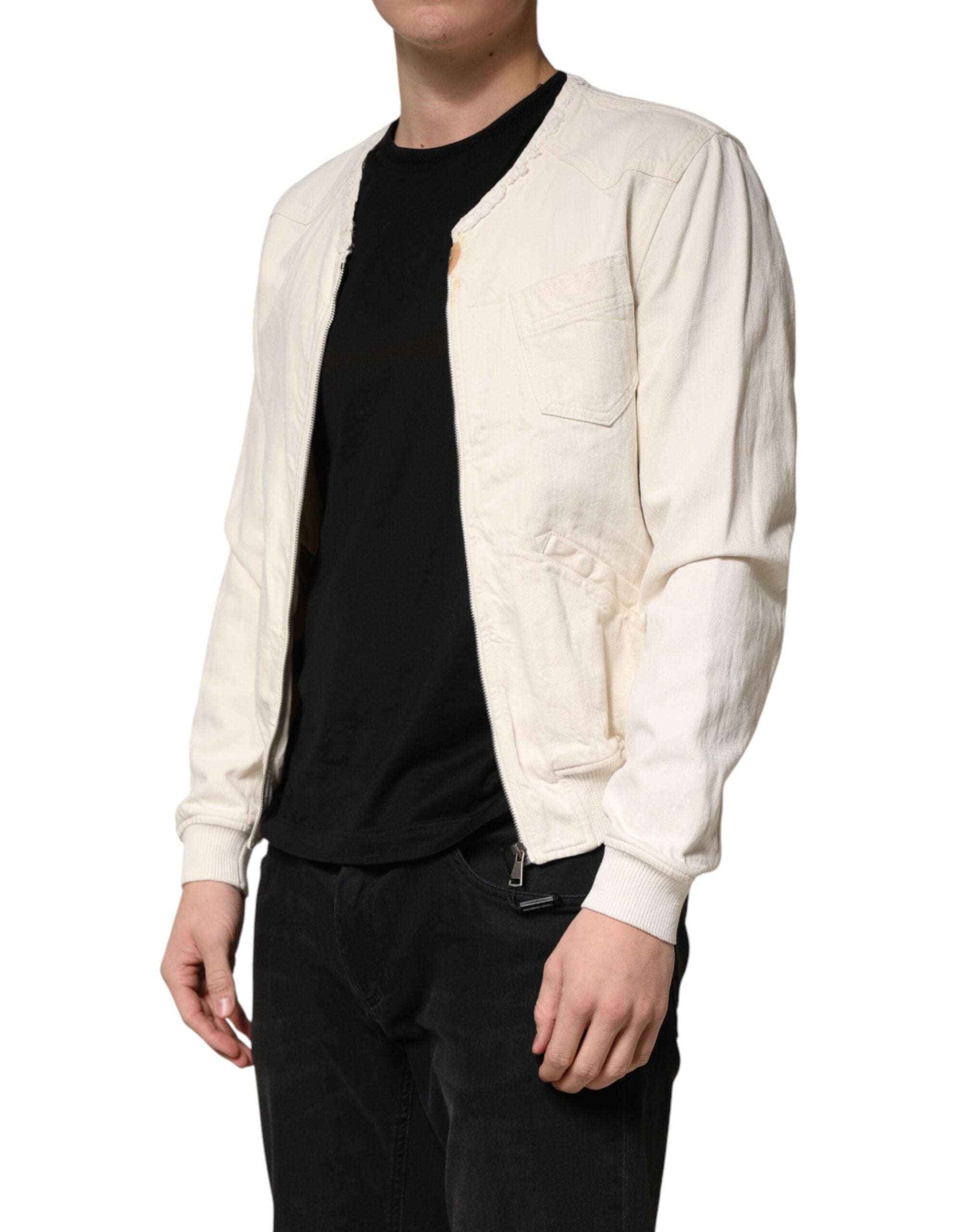 Veste homme Dolce & Gabbana en denim blanc en coton à fermeture éclair complète, style blouson décontracté.
