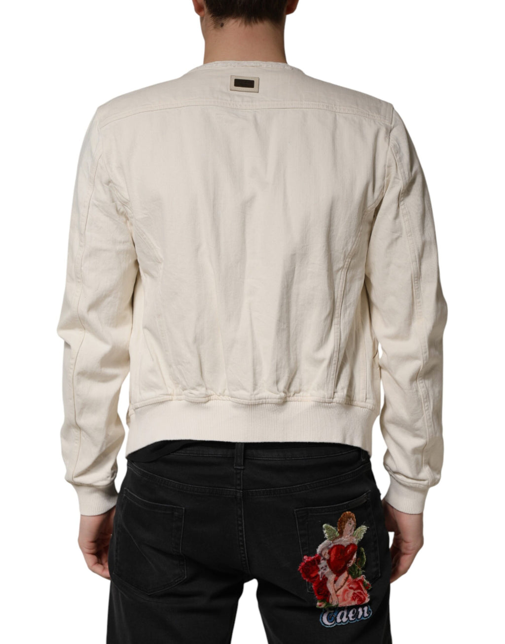 Veste homme Dolce & Gabbana en denim blanc en coton à fermeture éclair complète, style blouson décontracté.