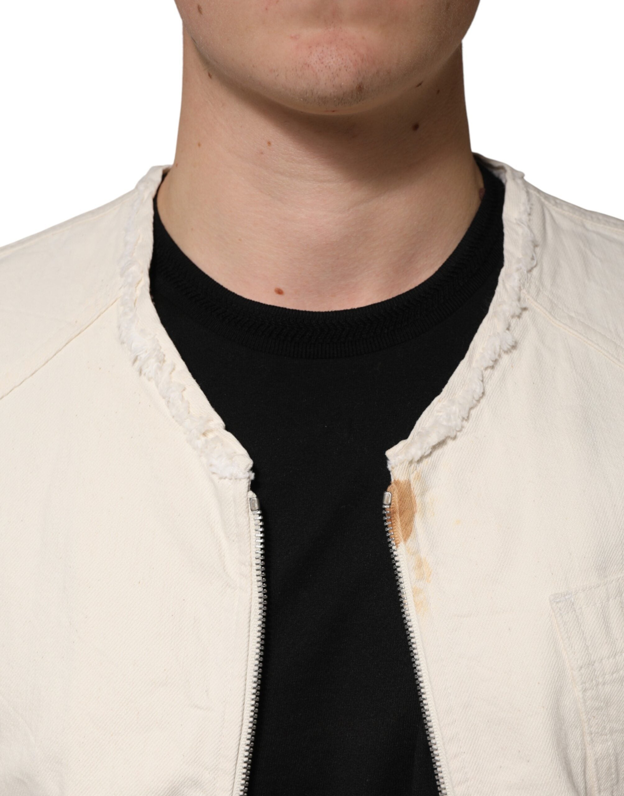 Veste en jean blanche en coton pour homme de Dolce & Gabbana avec fermeture éclair pleine longueur et col haut.