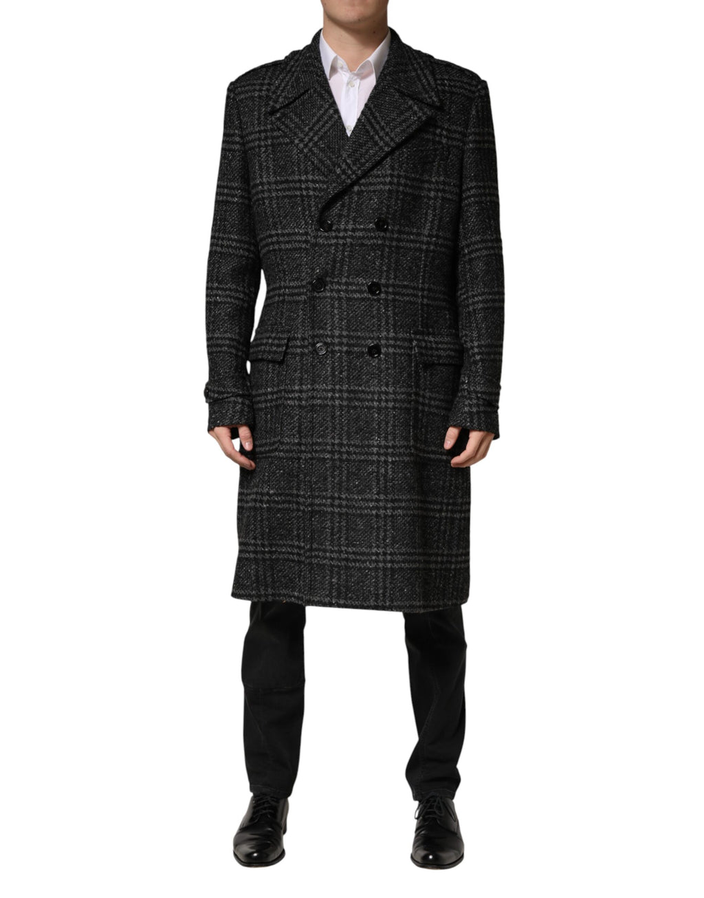 Manteau en laine gris à carreaux à double boutonnage de Dolce & Gabbana, veste élégante avec col et poches visibles.