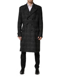 Manteau en laine gris à carreaux à double boutonnage de Dolce & Gabbana, veste élégante avec col et poches visibles.