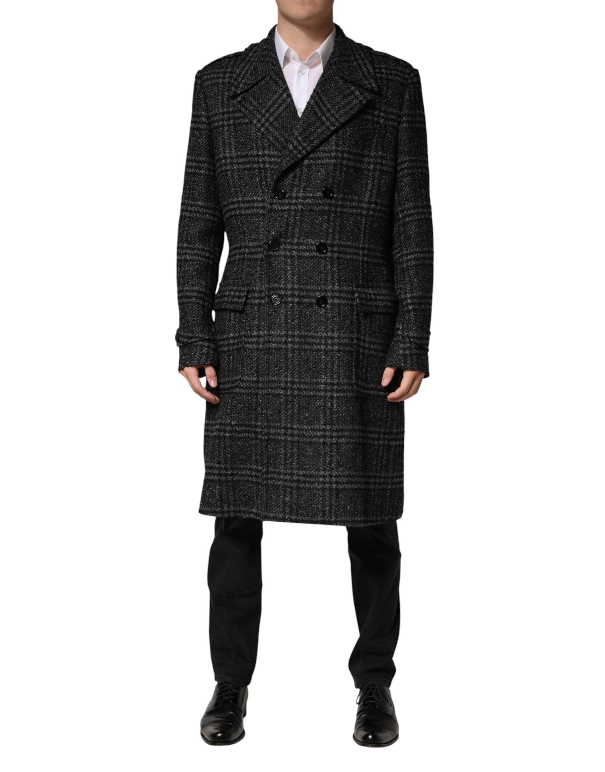 Manteau en laine gris à carreaux à double boutonnage de Dolce & Gabbana, veste élégante avec col et poches visibles.