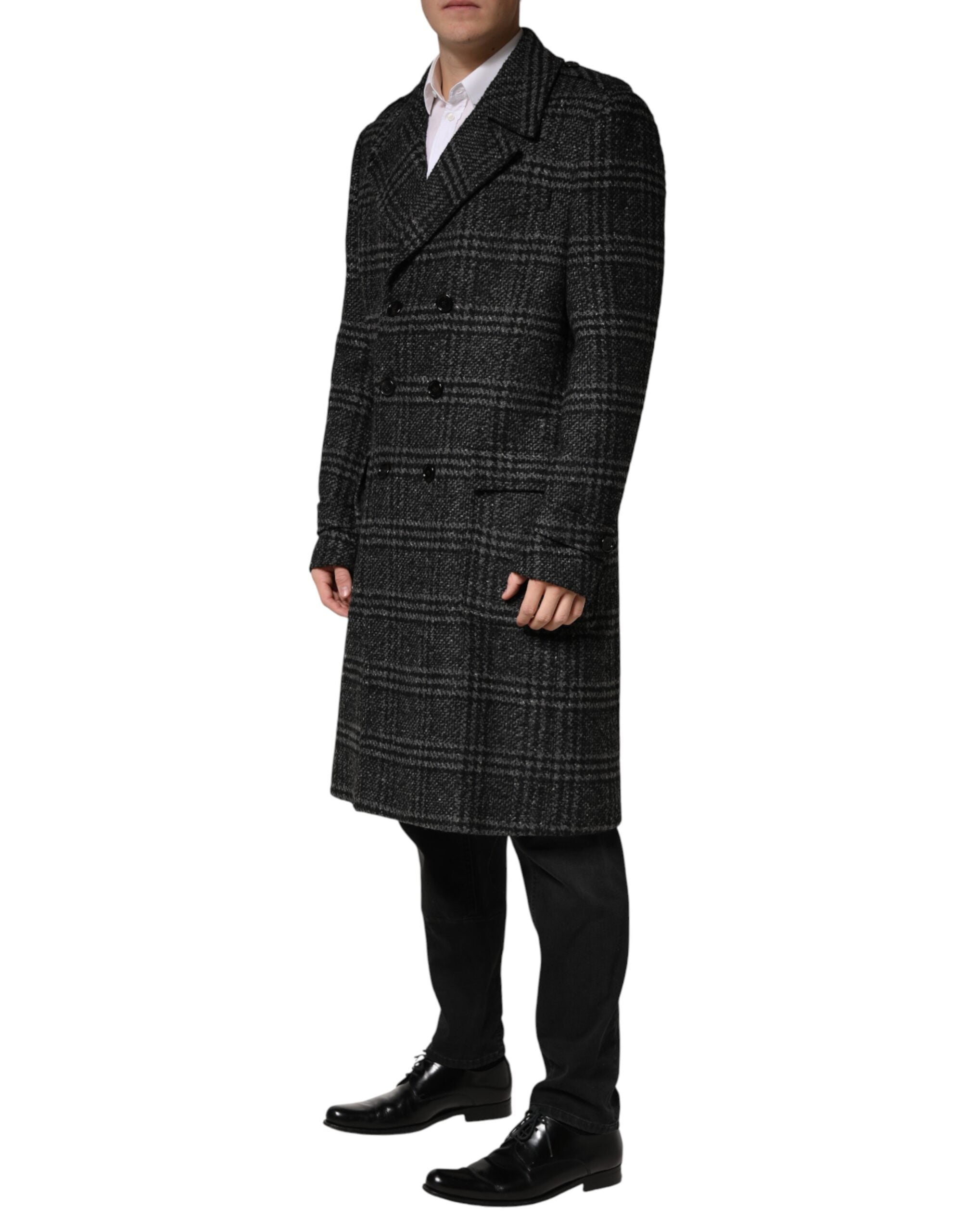 Manteau en laine gris à carreaux Dolce & Gabbana, double boutonnage, veste élégante, détails sophistiqués, vêtement d'extérieur tendance.