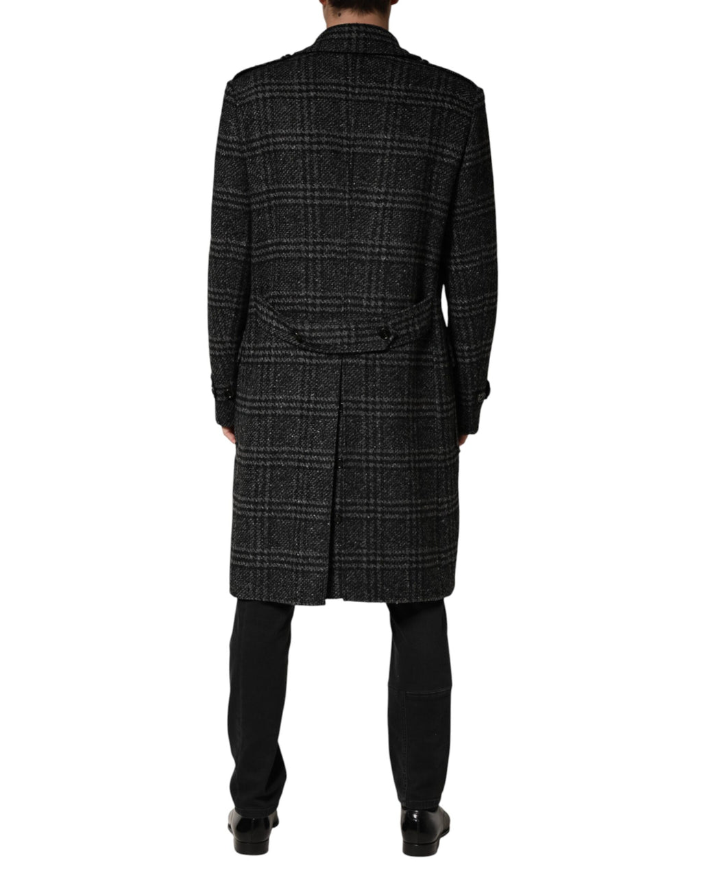 Manteau en laine gris à carreaux Dolce & Gabbana à double boutonnage, veste élégante pour femme, vue de face.