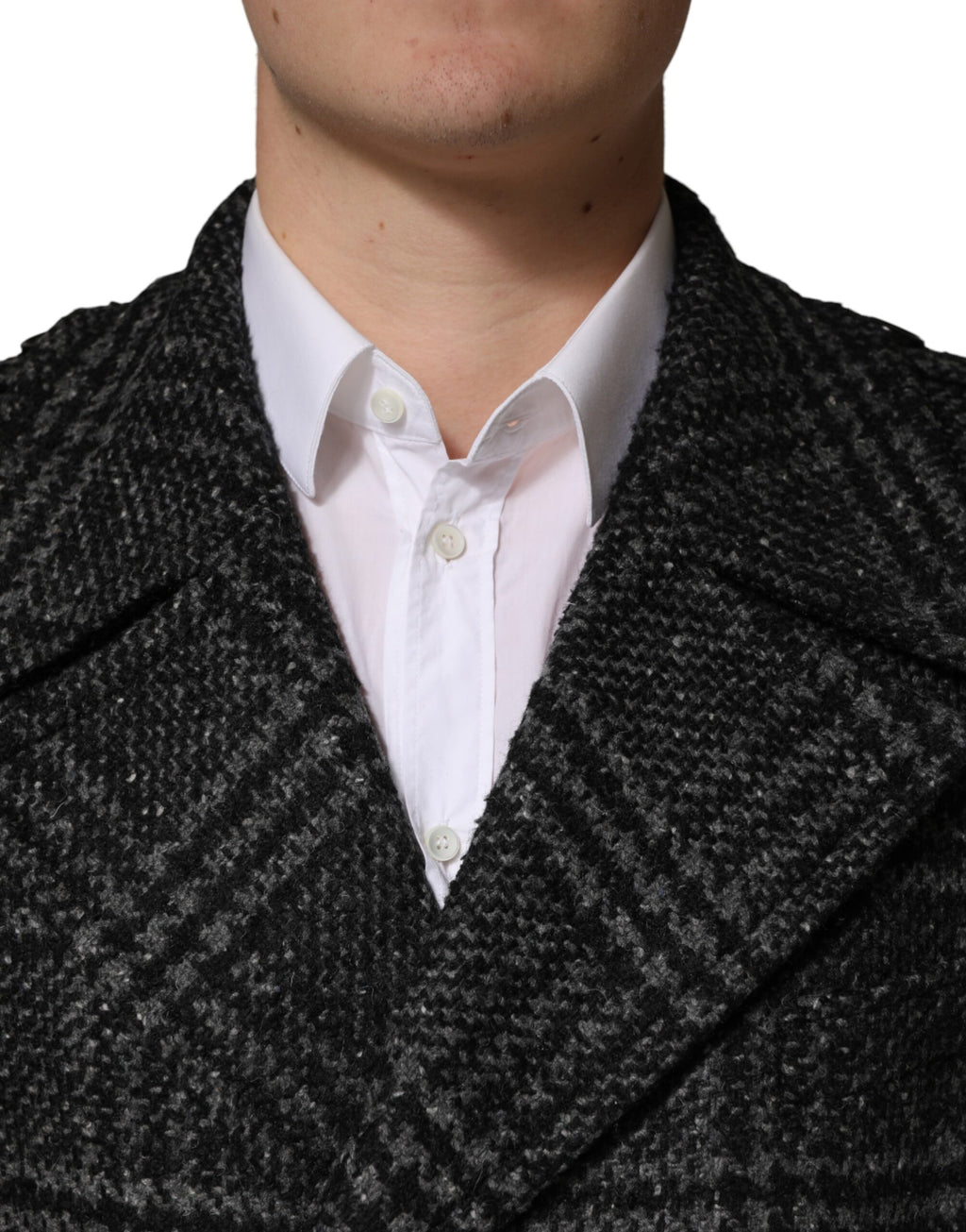 Manteau en laine gris à double boutonnage à carreaux de Dolce & Gabbana, veste élégante avec col classique et poches frontales.