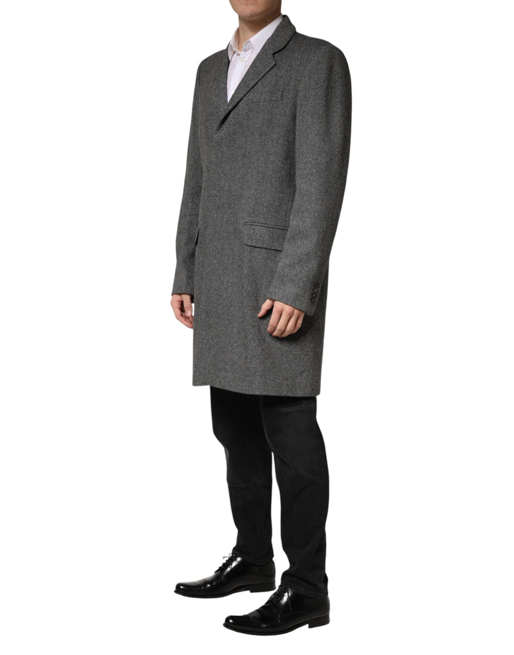 Manteau trench gris pour homme Dolce & Gabbana à un seul bouton, coupe élégante, tissu léger et sophistiqué.